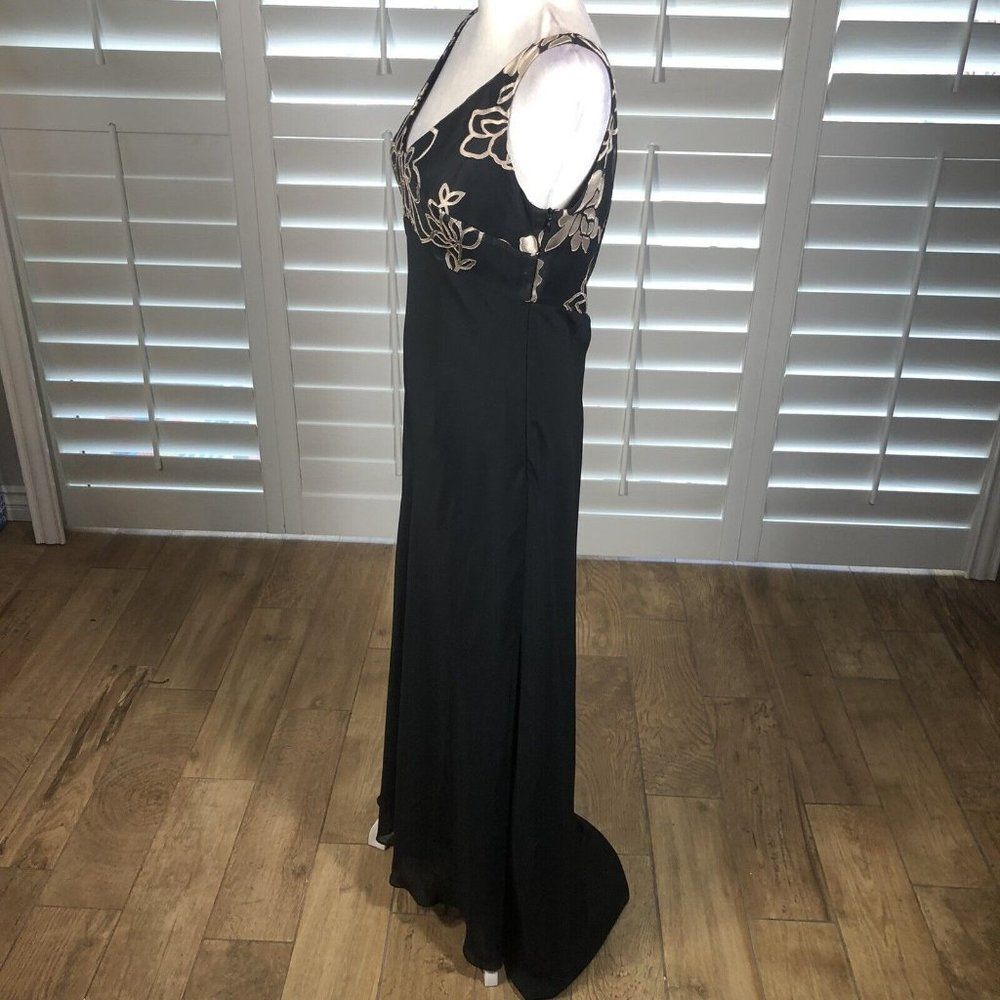 Vtg Alex Evenings Black Chiffon A-Line Cocktail Dress 10 Empire Waist Gold - Picture 8 of 12
